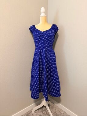 Muxxn Boutique NWT Retro 1950s Blue Polka Dot Swing Dress - Large